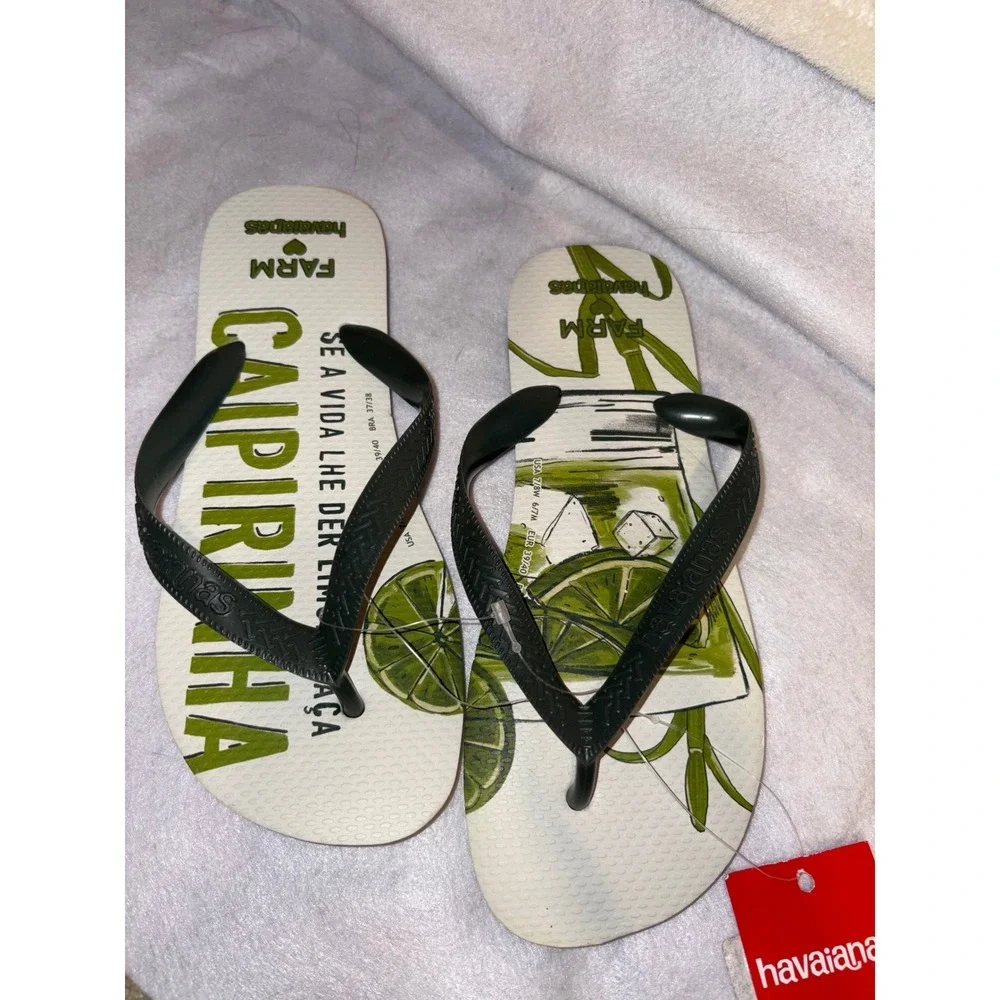 Havaianas x FARM Rio Caipirinha Flip Flops Olive Green White Womens 7/8